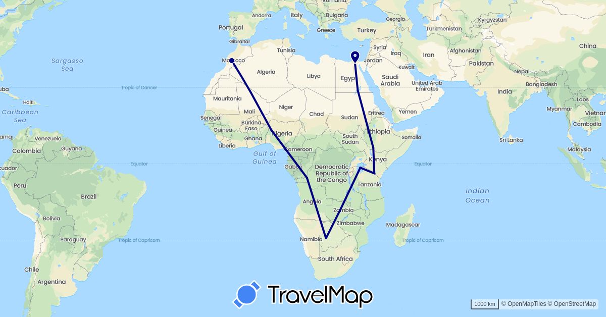 TravelMap itinerary: driving in Botswana, Democratic Republic of the Congo, Egypt, Ethiopia, Morocco, Nigeria, Tanzania (Africa)